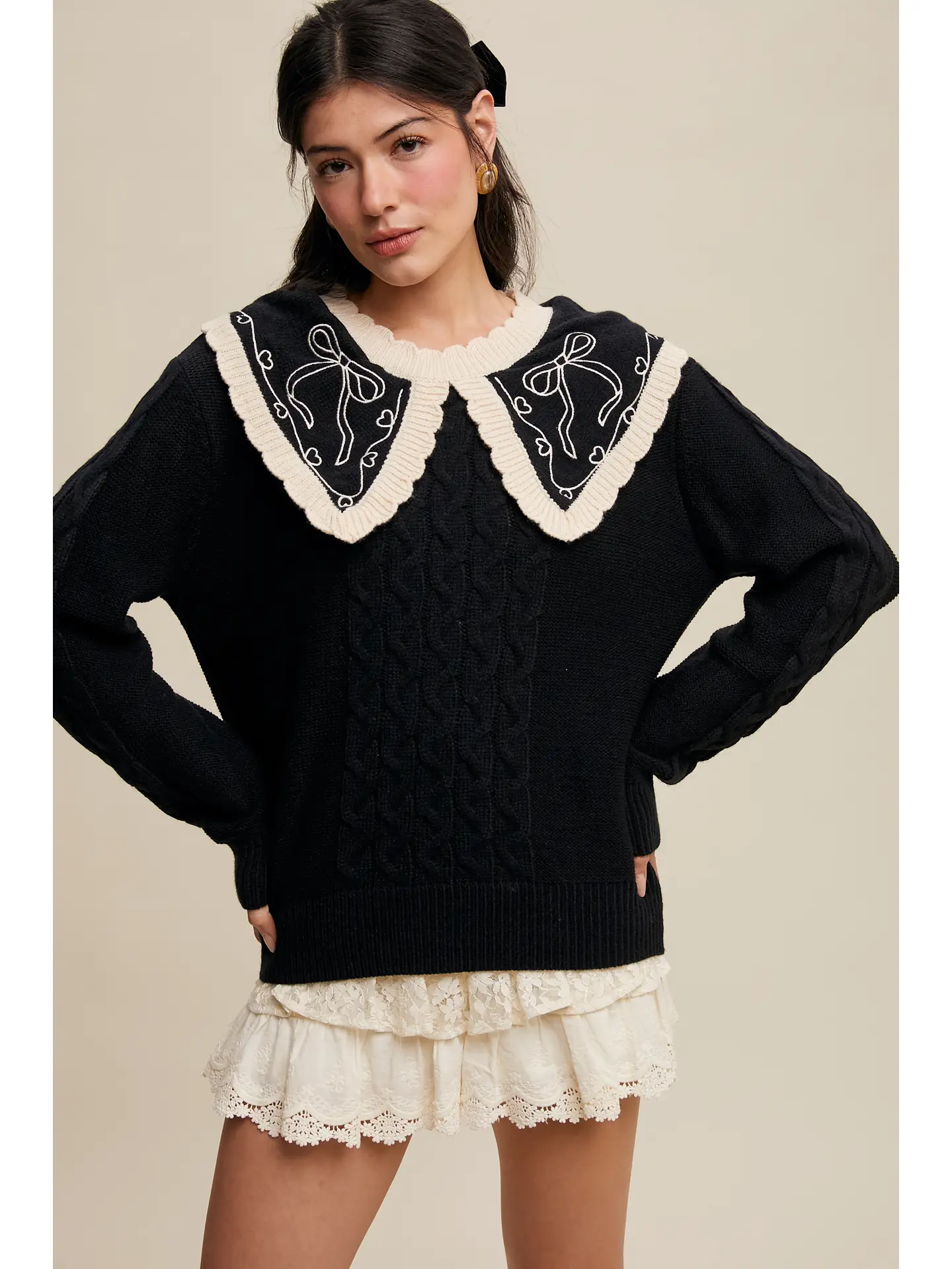 Bow Embroidered Cable Sweater - Image 5