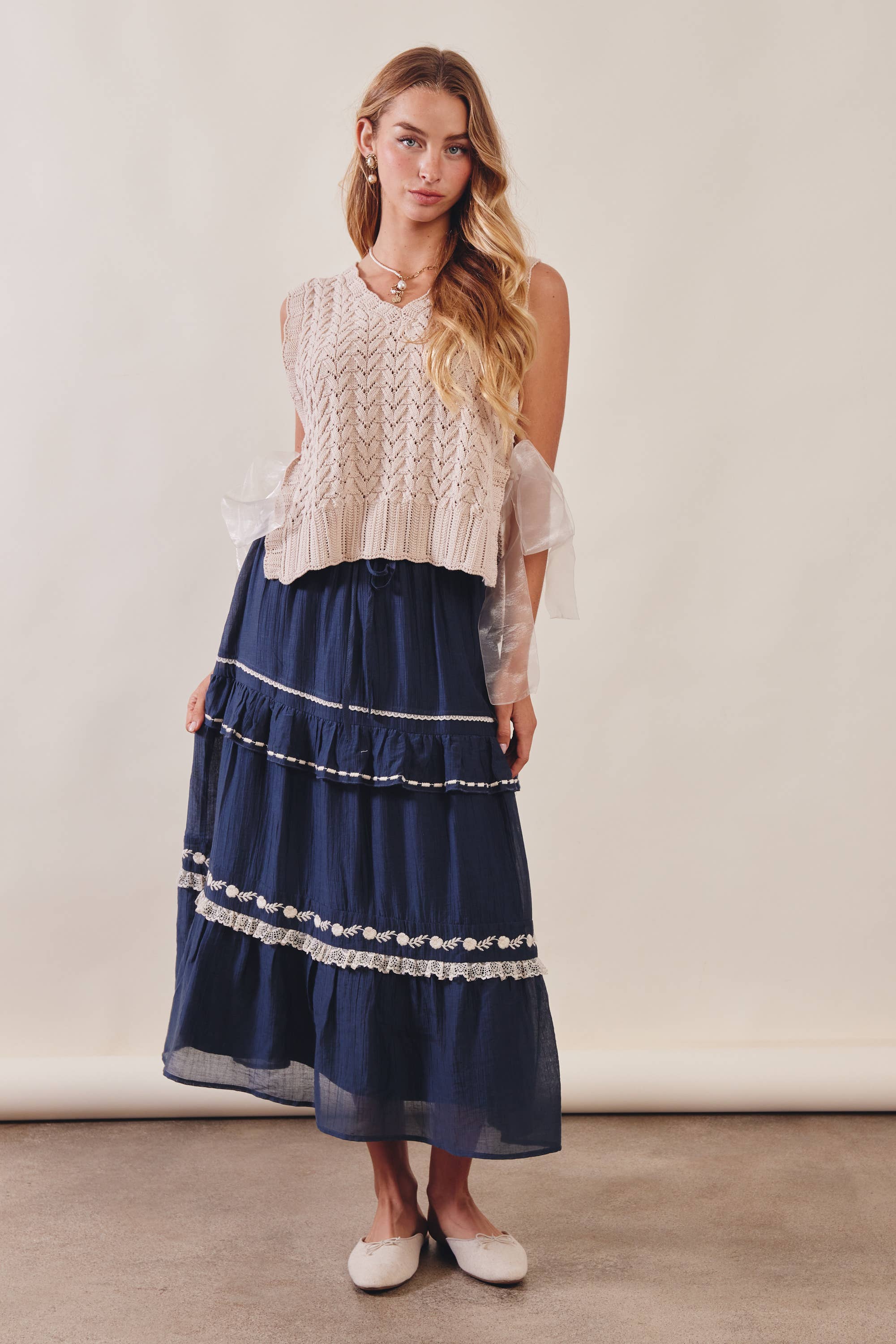 The Lace Trimmed Embroidered Tiered Maxi Skirt - Image 10
