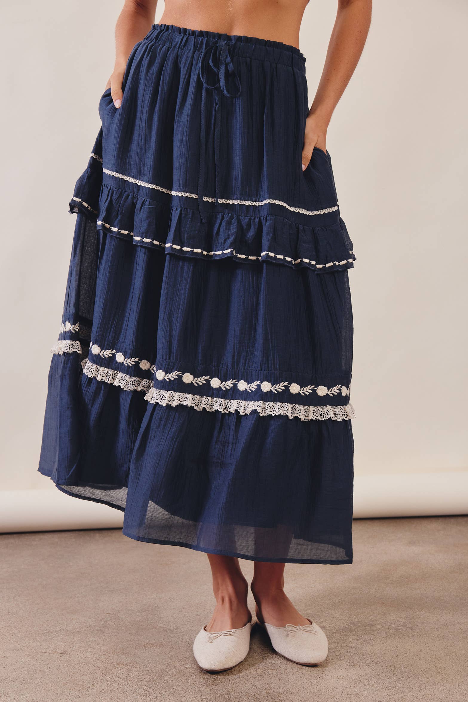 The Lace Trimmed Embroidered Tiered Maxi Skirt - Image 9