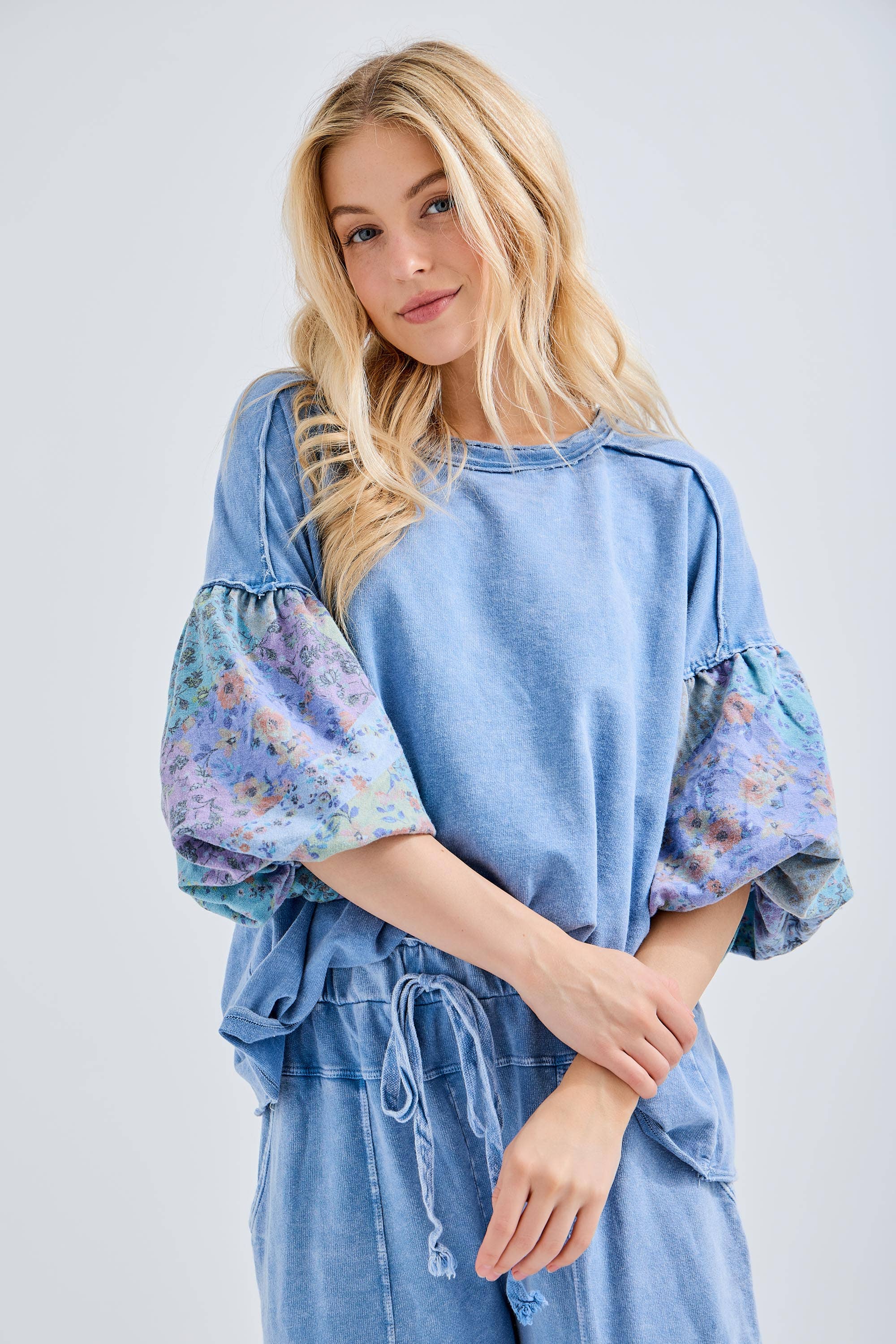 Mineral Washed Boho Patch Sleeve Top