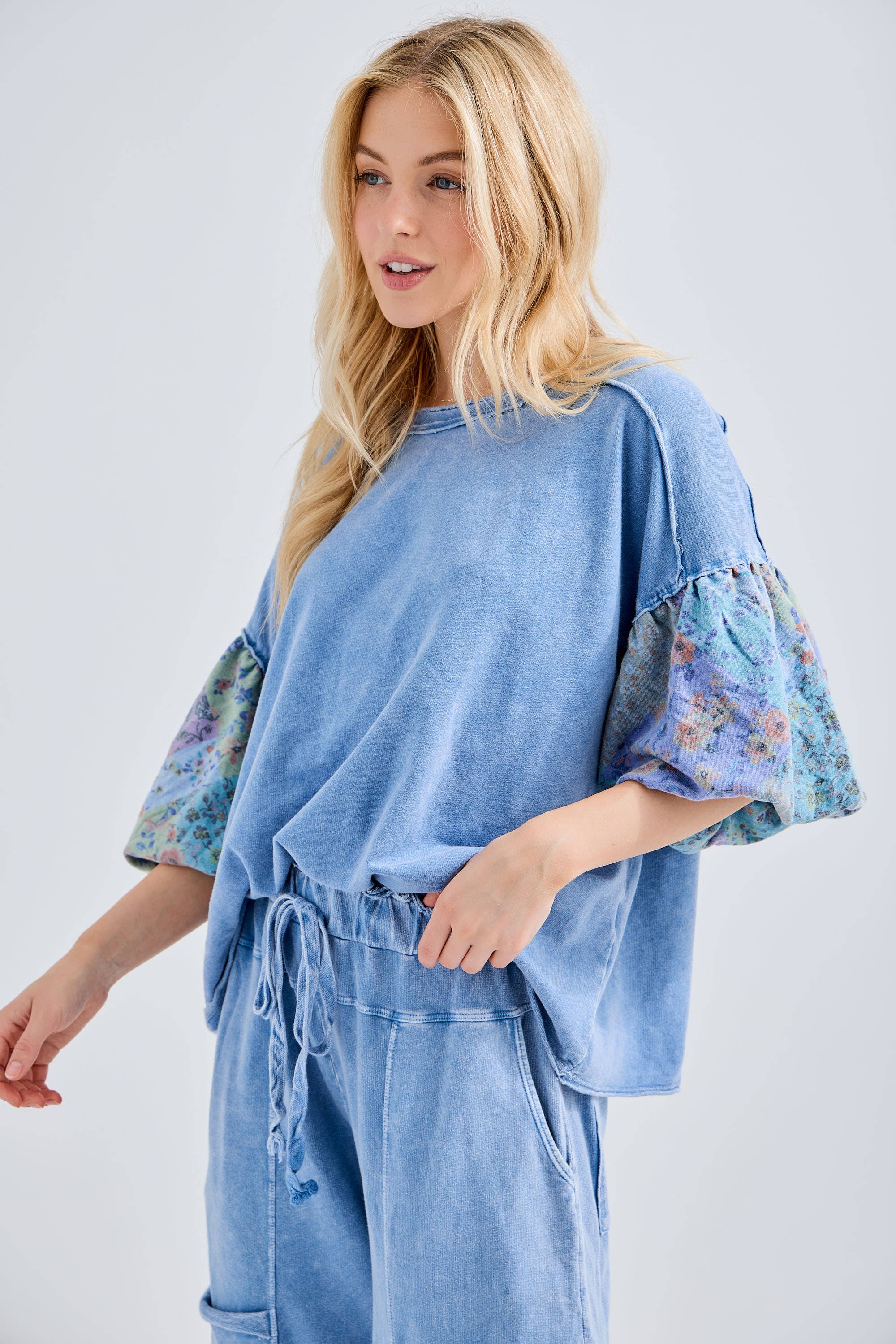 Mineral Washed Boho Patch Sleeve Top - Image 2