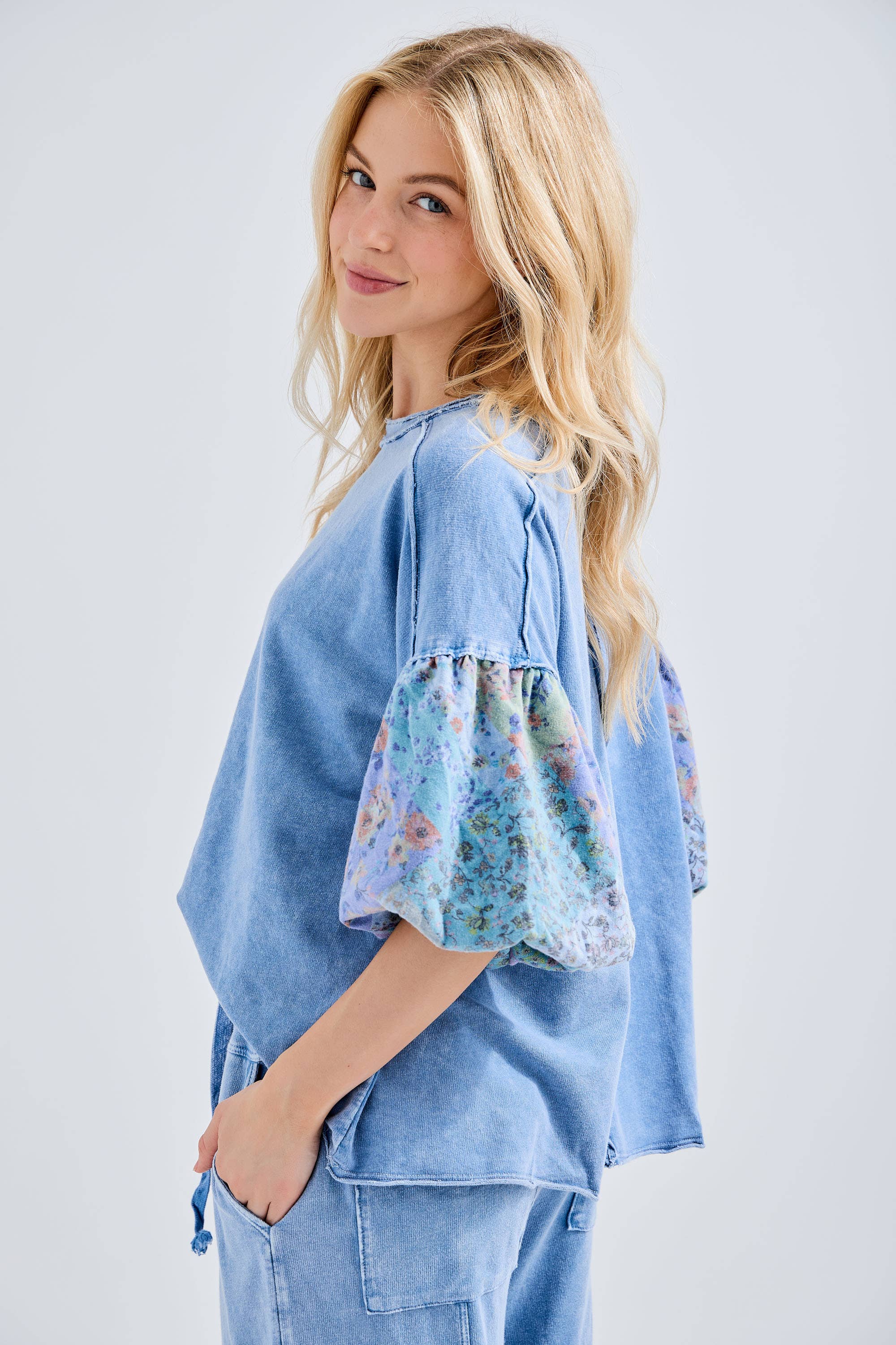 Mineral Washed Boho Patch Sleeve Top - Image 5