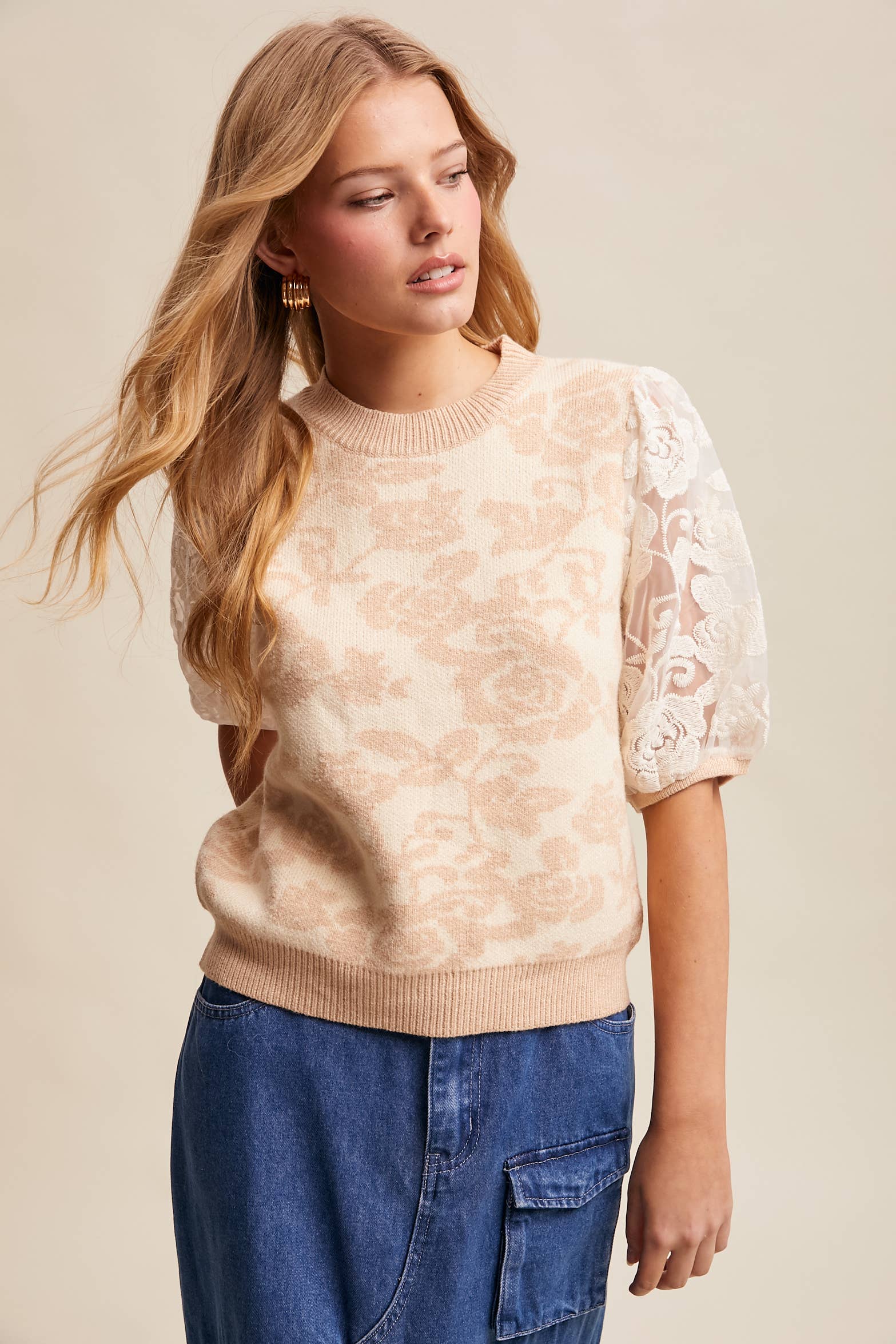 Rose Embroidered Contrast Knit Top - Image 4