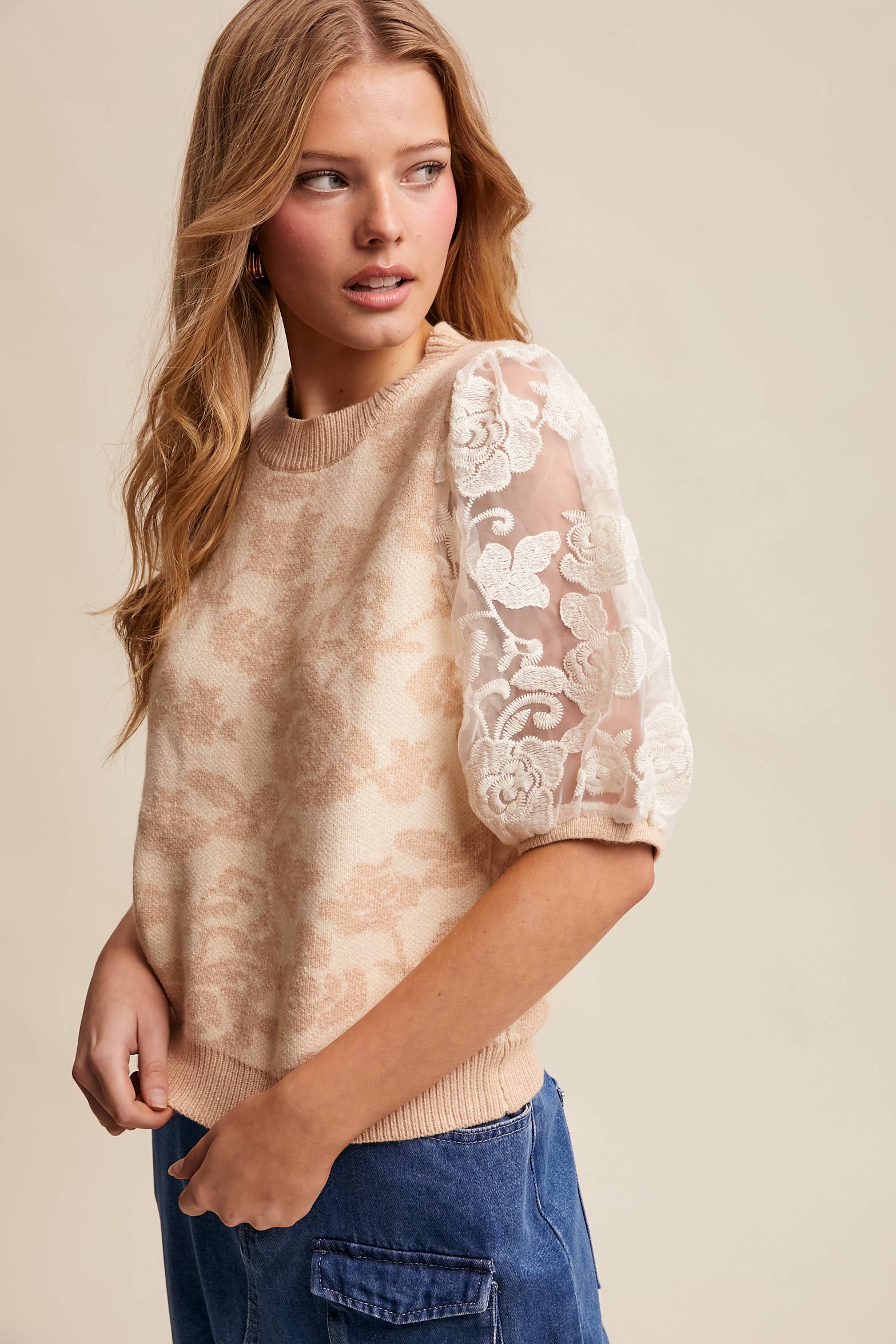 Rose Embroidered Contrast Knit Top - Image 6