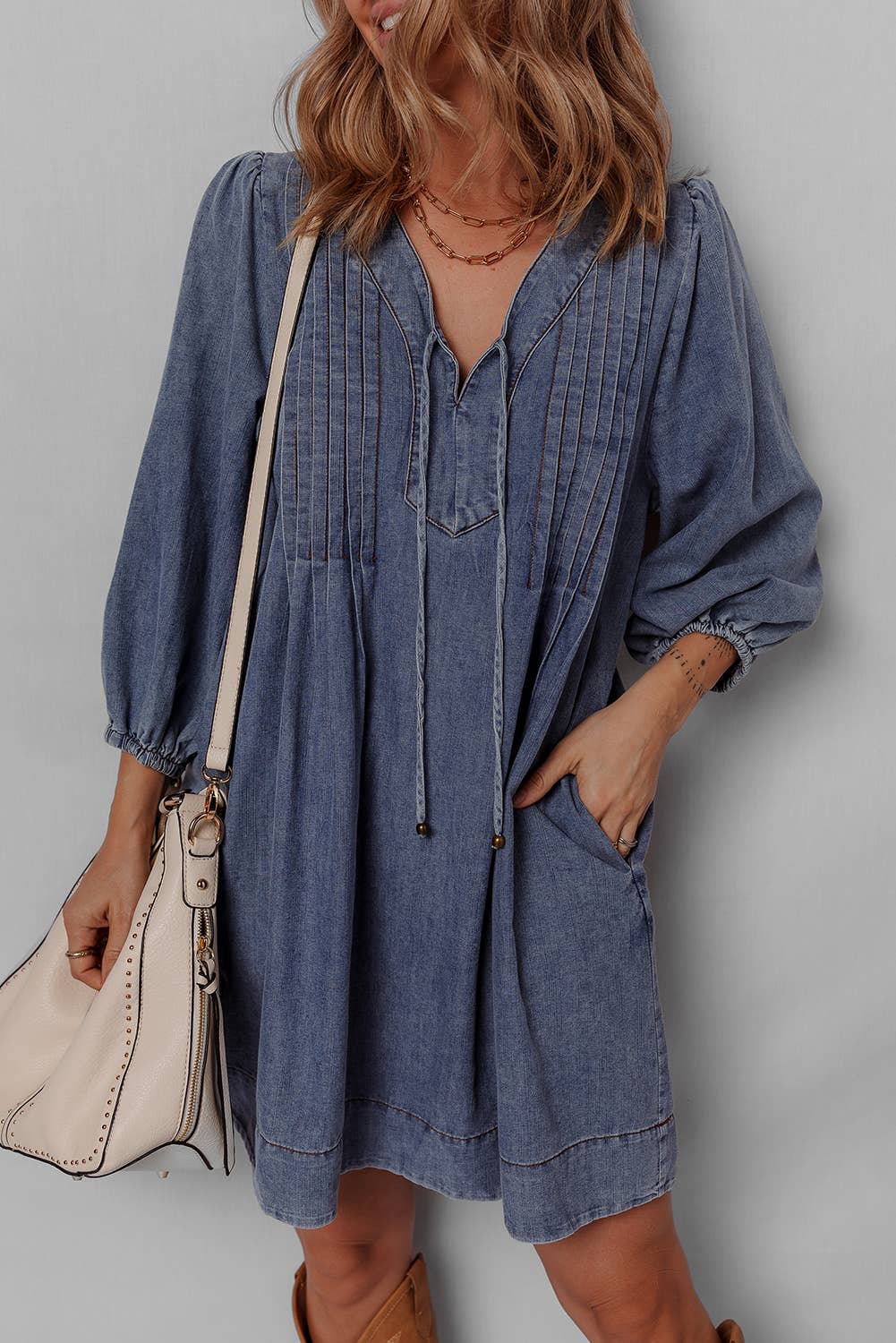 Sara Pleated Denim Dress - Image 6