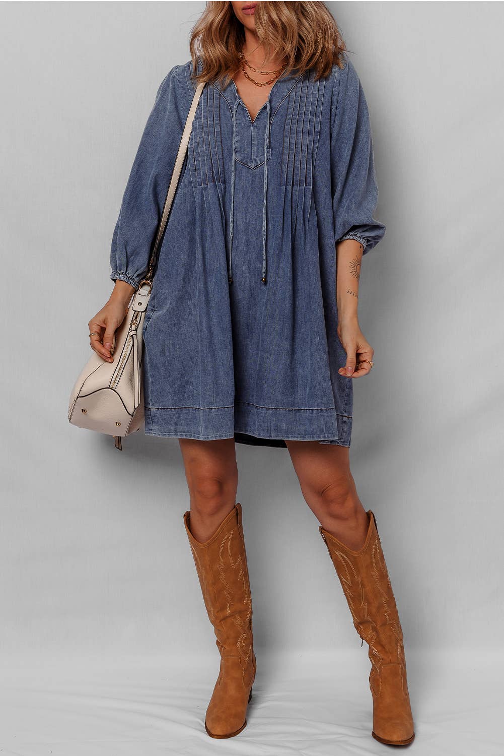 Sara Pleated Denim Dress - Image 7