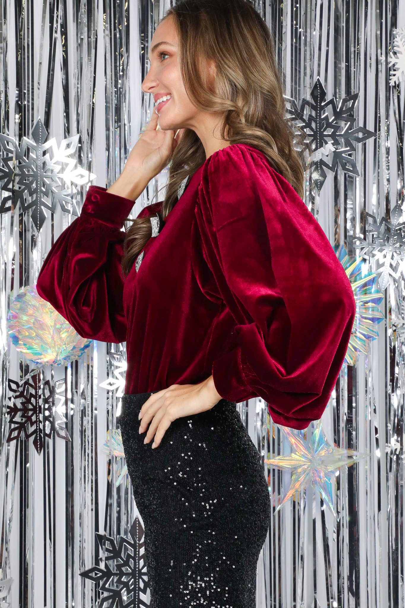 Sequin Bow Accent Velvet Blouse - Image 4