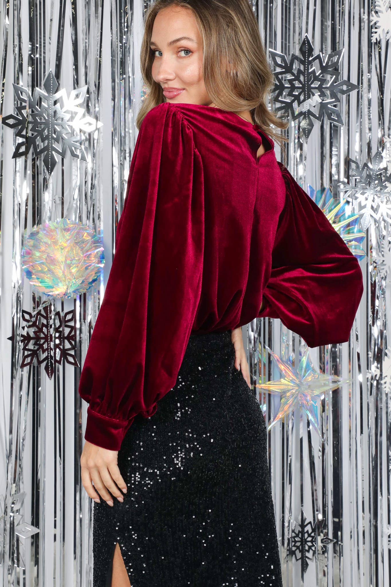Sequin Bow Accent Velvet Blouse - Image 5