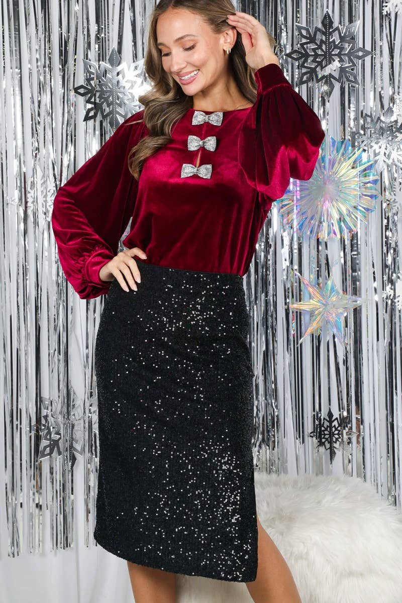 Sequin Bow Accent Velvet Blouse - Image 7