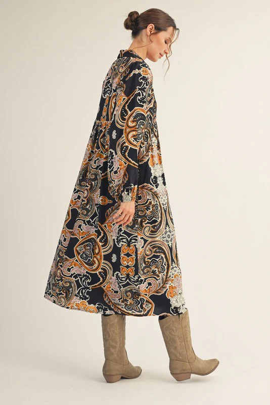 Smocked Boho Paisley Midi Dress - Image 3