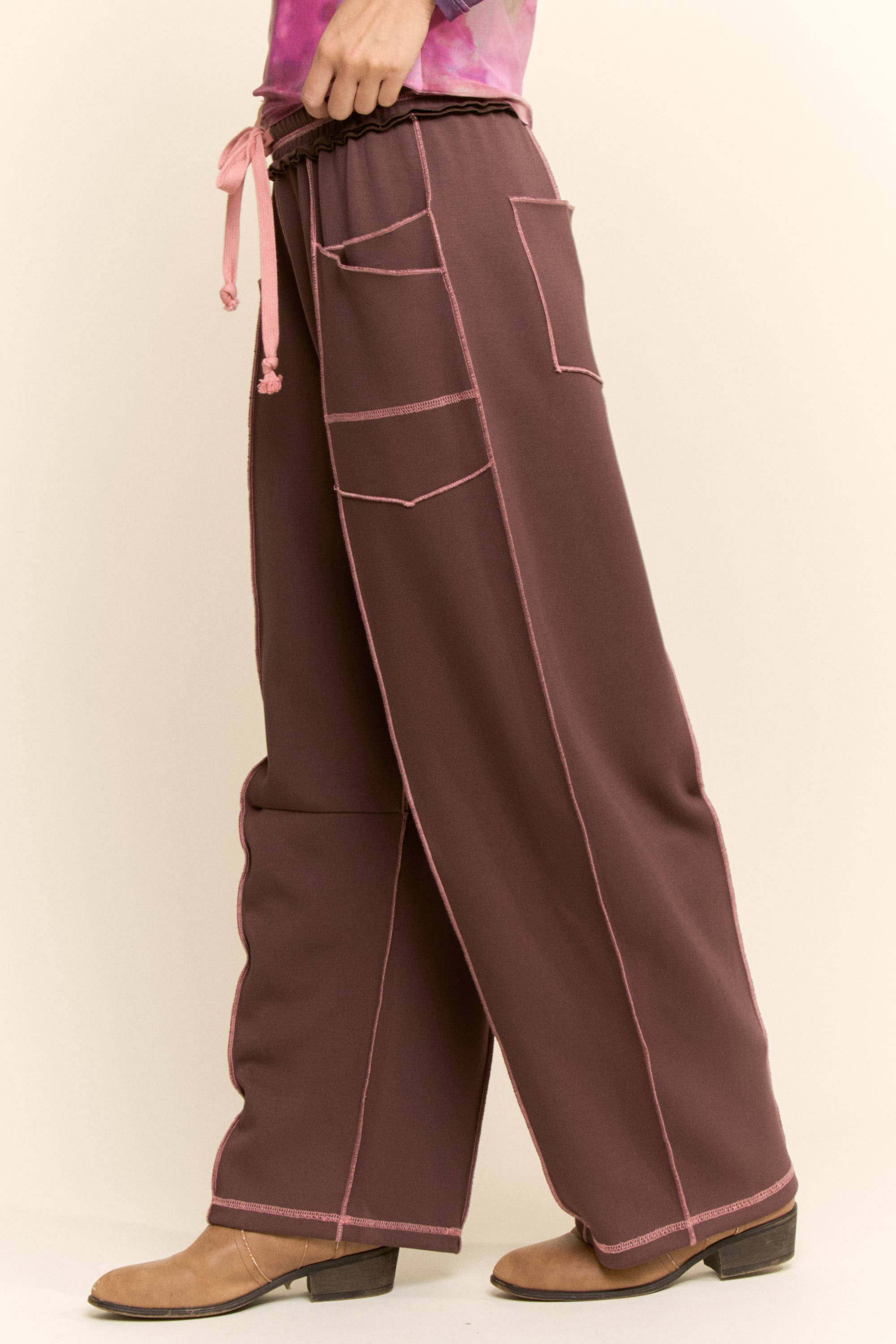 Mocha with Pink Trim Barrel Pants - Image 2