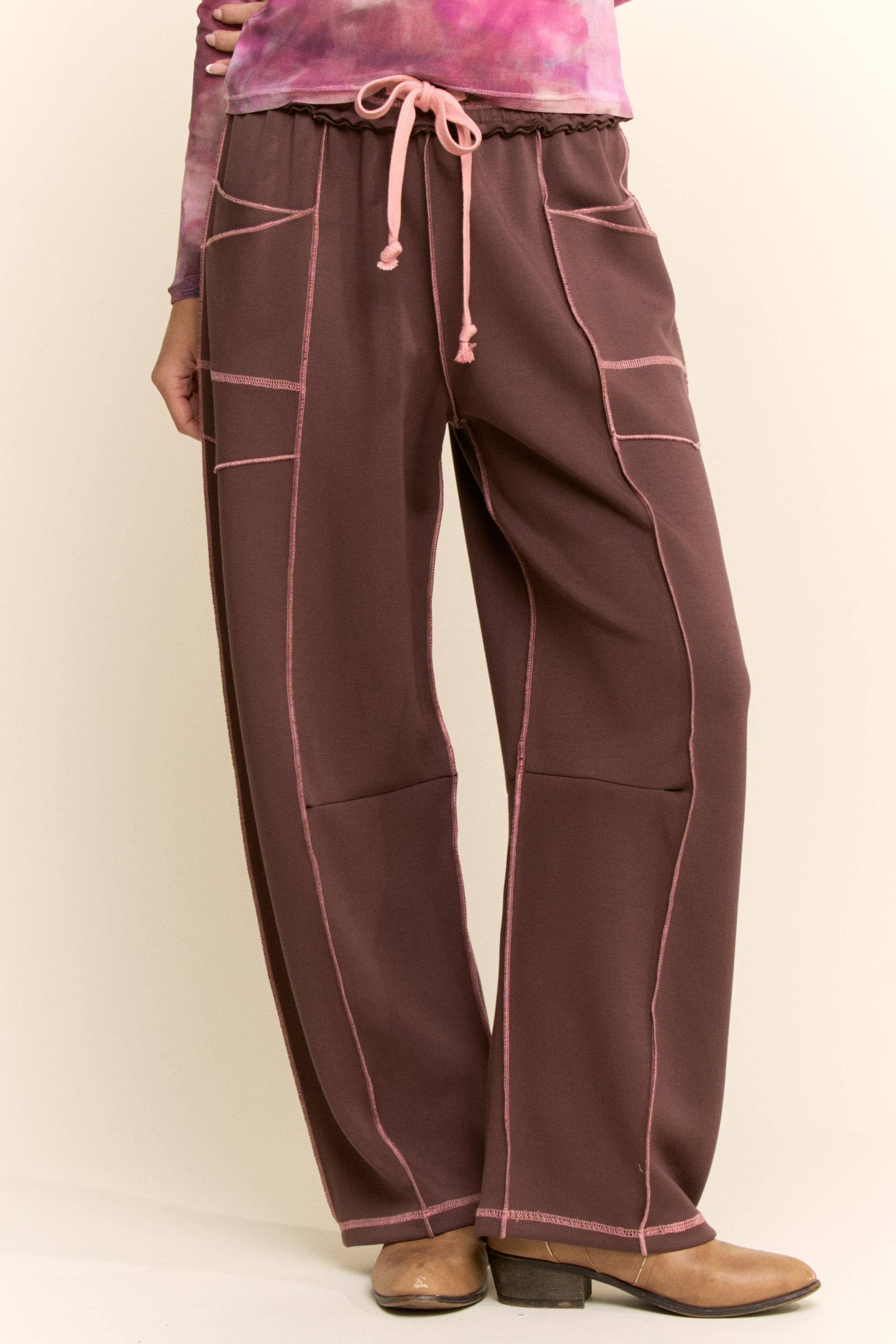 Mocha with Pink Trim Barrel Pants - Image 3