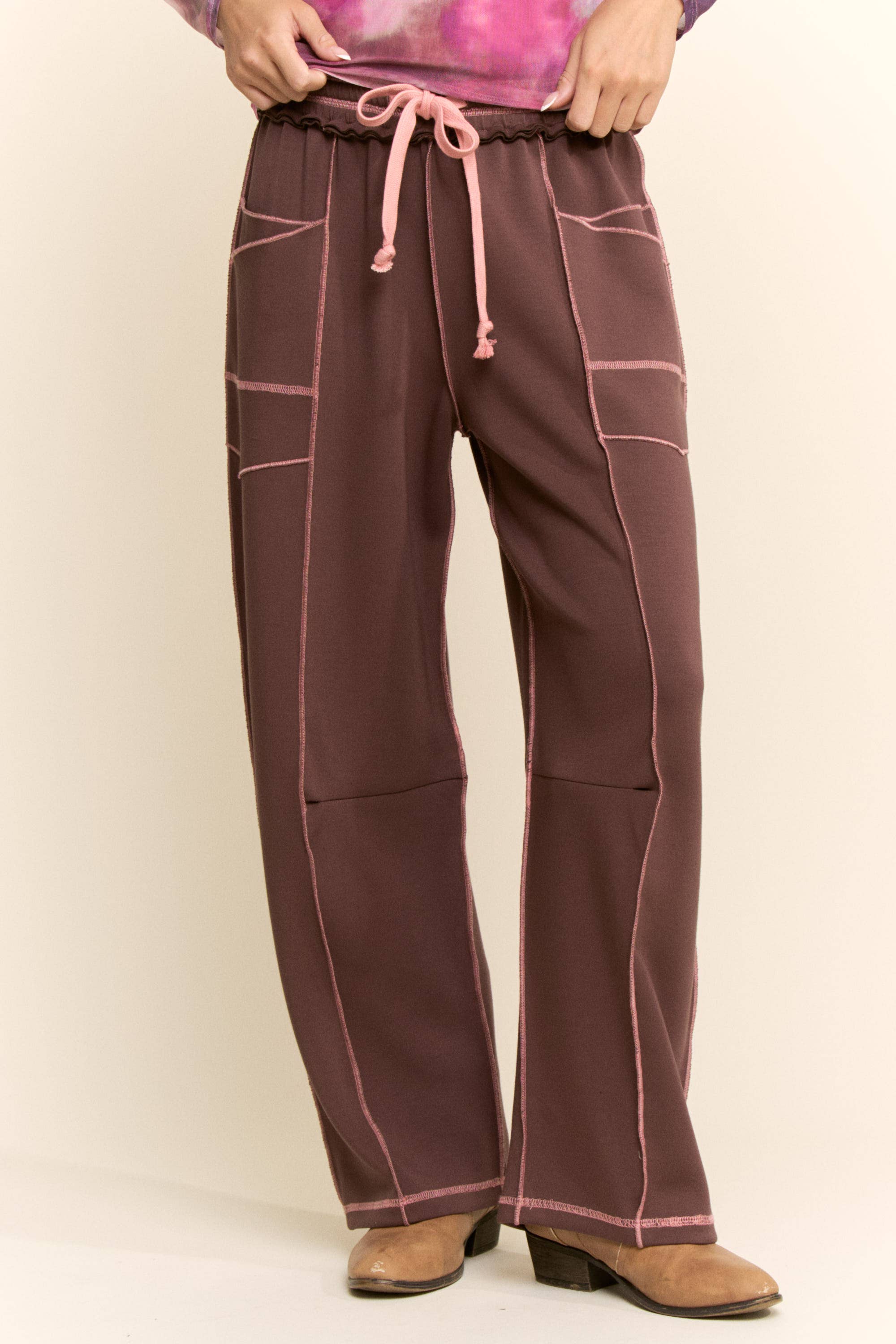 Mocha with Pink Trim Barrel Pants - Image 4