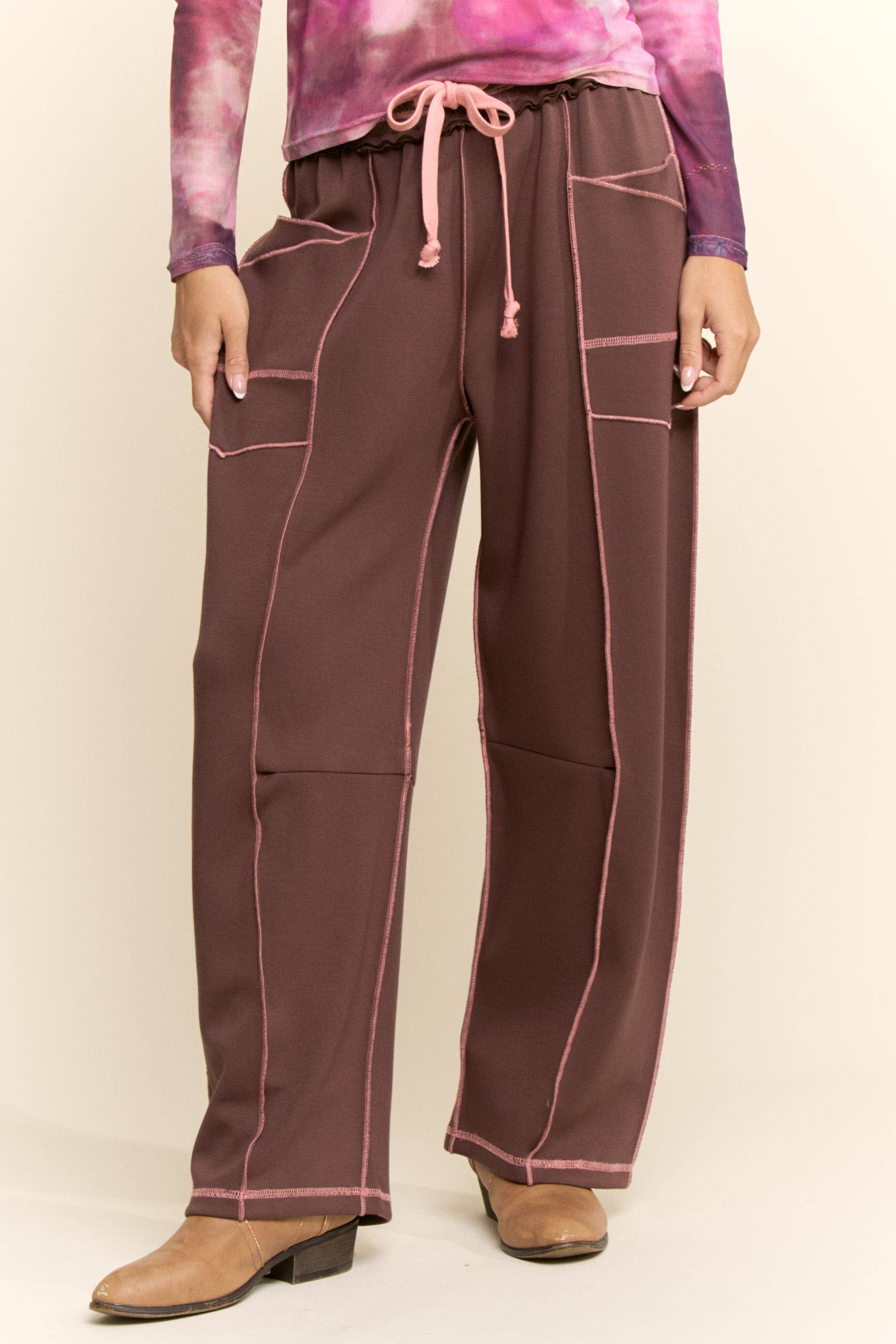 Mocha with Pink Trim Barrel Pants - Image 5