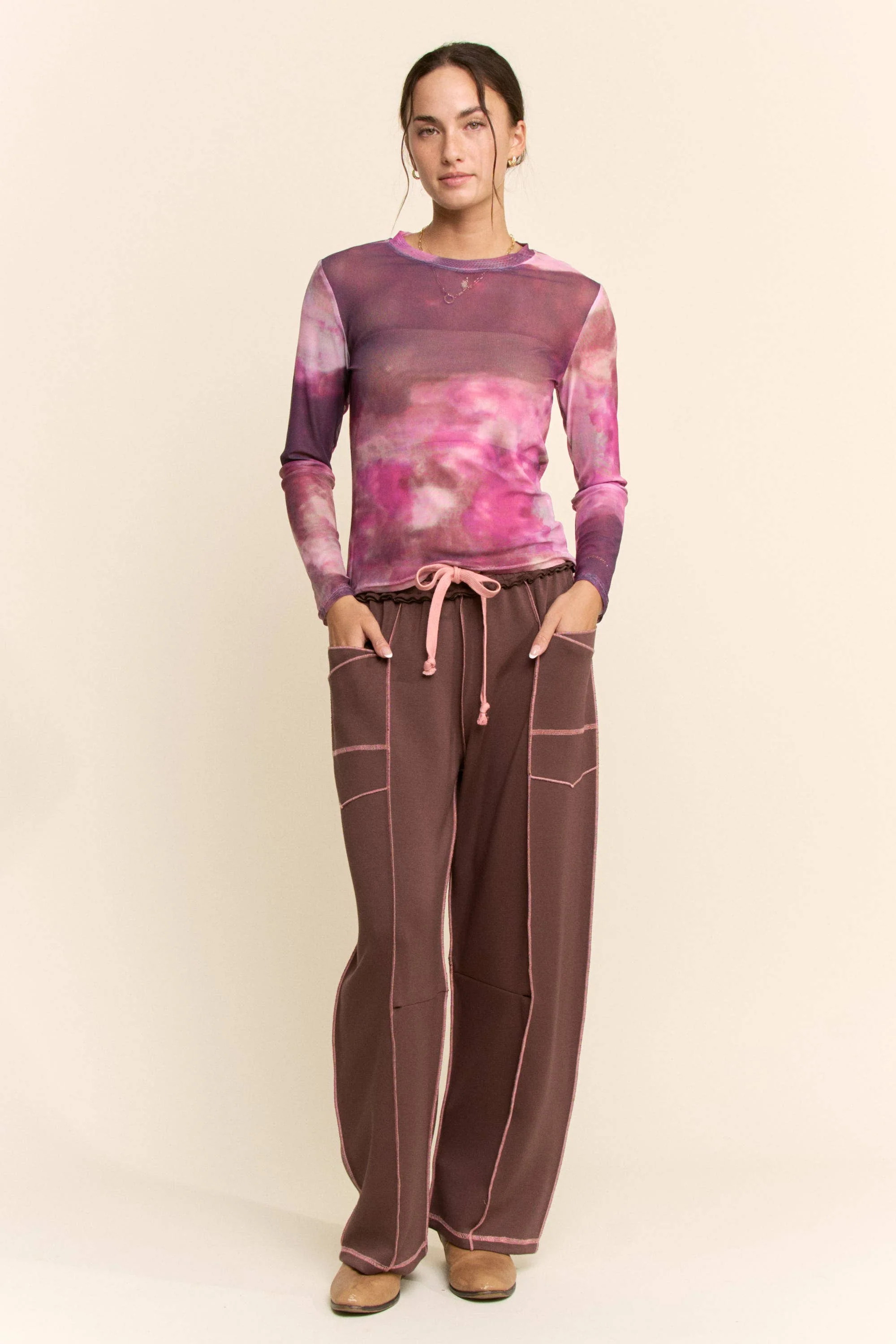 Mocha with Pink Trim Barrel Pants - Image 8