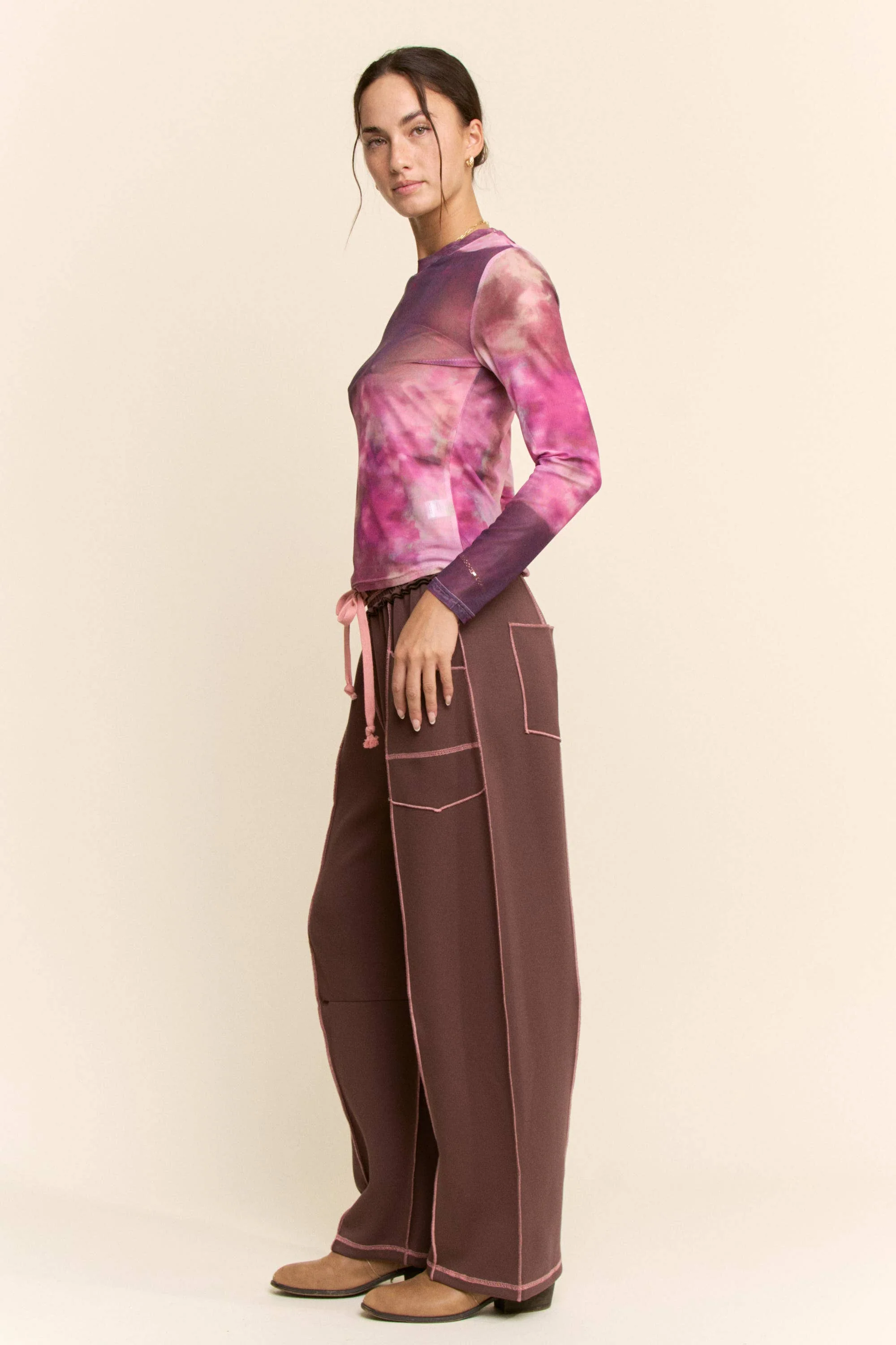 Mocha with Pink Trim Barrel Pants - Image 9